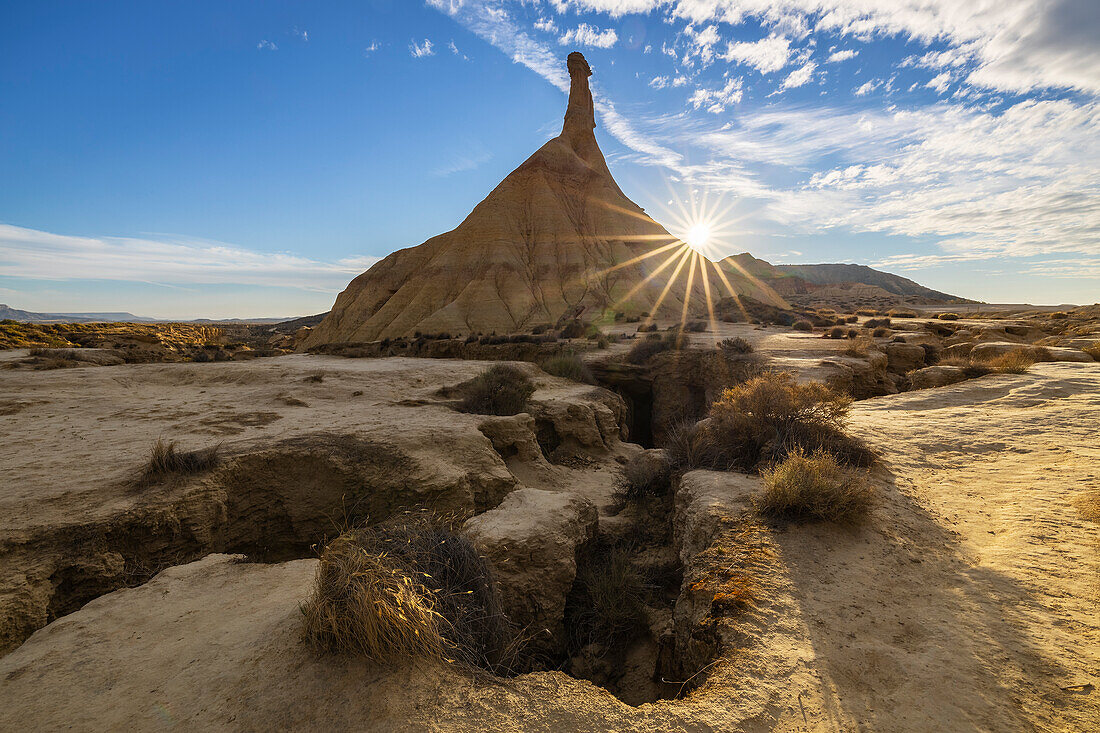 Castil de Tierra at sunrise, Bardenas Reales, Ebro Valley, Biosphere Reserve, Navarra, Spain, Western Europe