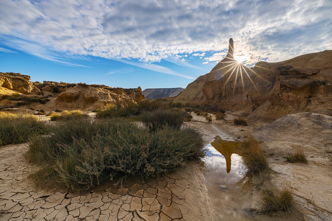 Castil de Tierra and its gorge at sunrise, Bardenas Reales, Ebro Valley, Biosphere Reserve, Navarra, Spain, Western Europe