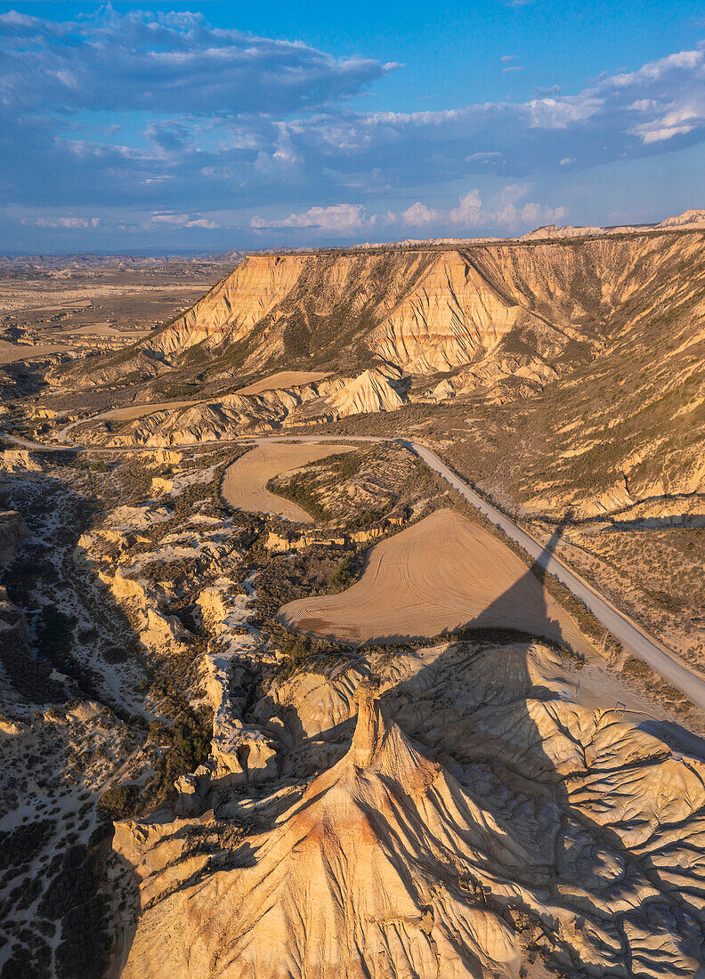 Aerial view of Castil de Tierra at sunset, Bardenas Reales, Ebro Valley, Biosphere Reserve, Navarra, Spain, Western Europe