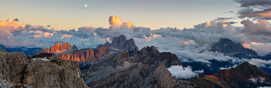 Panoramic view from Lagazuoi and its refuge at sunset during summer, Dolomiti di Badia and Zoldo, Belluno, Veneto, Italy, Southern Europe