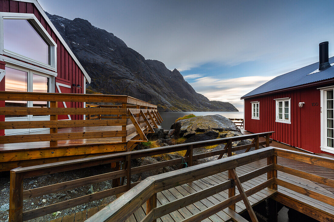 Rourbuer of Nusfjord at sunset, Flakstad, Flakstadoya, Nordland, Lofoten, Norway, Northern Europe