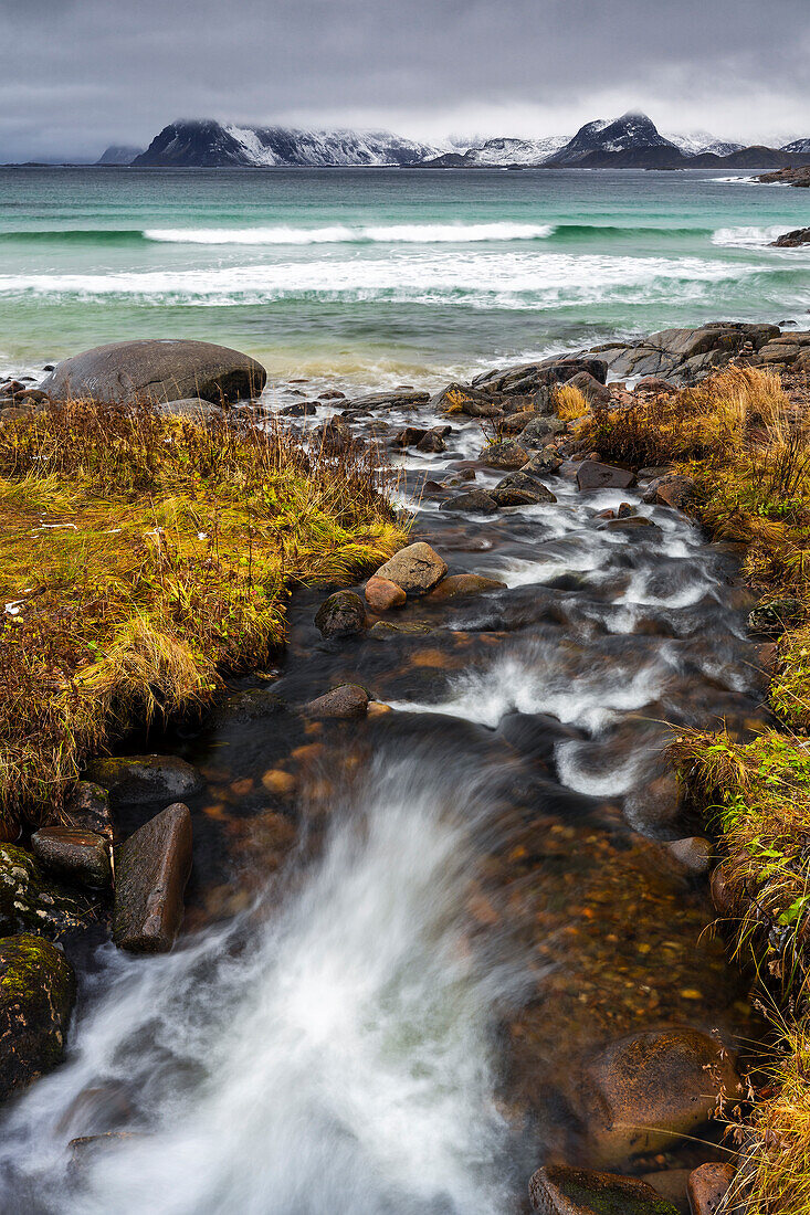 Rorvikstranda beach in a moody day, Kabelvag, Vagan, Austagoy, Nordland, Lofoten, Norway, Northern Europe