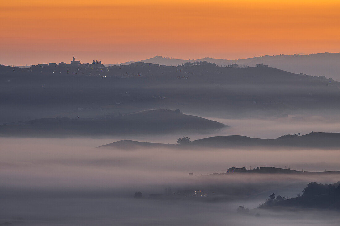 Foggy morning at Diano D'Alba during autumn at sunrise, Cuneo, Langhe e Roero, Piedmont, Italy, Southern Europe