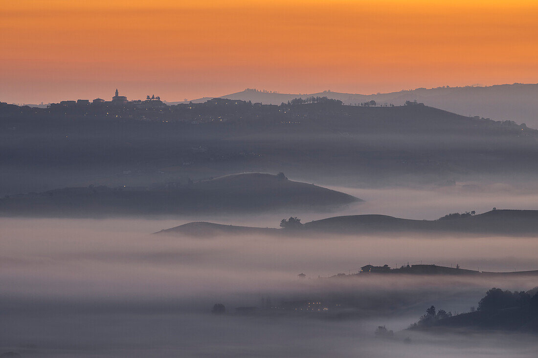 Nebeliger Morgen in Diano D'Alba im Herbst bei Sonnenaufgang, Cuneo, Langhe e Roero, Piemont, Italien, Südeuropa