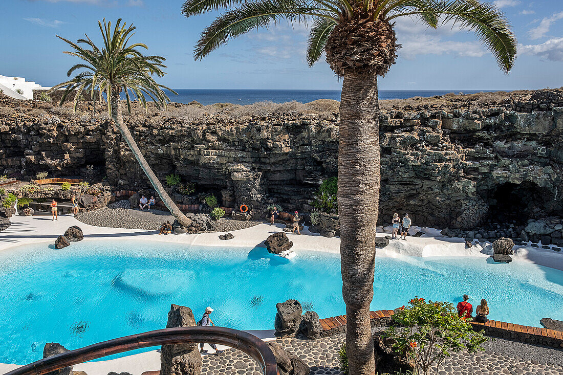 Swimming pool in the lava cave, Jameos del Agua, built by the artist Cesar Manrique, Lanzarote, Canary Islands, Spain,