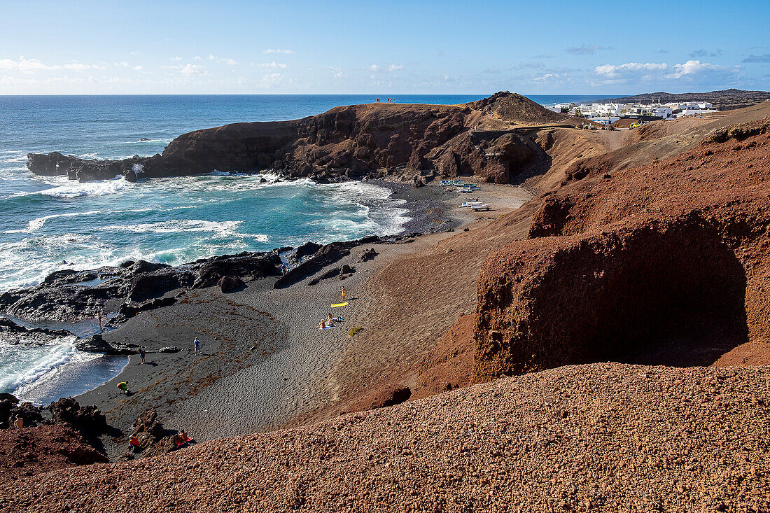Lava beaches at the fishing village El Golfo, Lanzarote island, Canary islands, Spain,