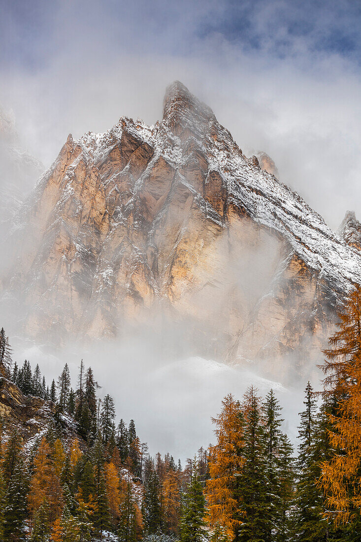 Piz Popena in the fog during autumn, Belluno, Veneto, Italy, Western Europe