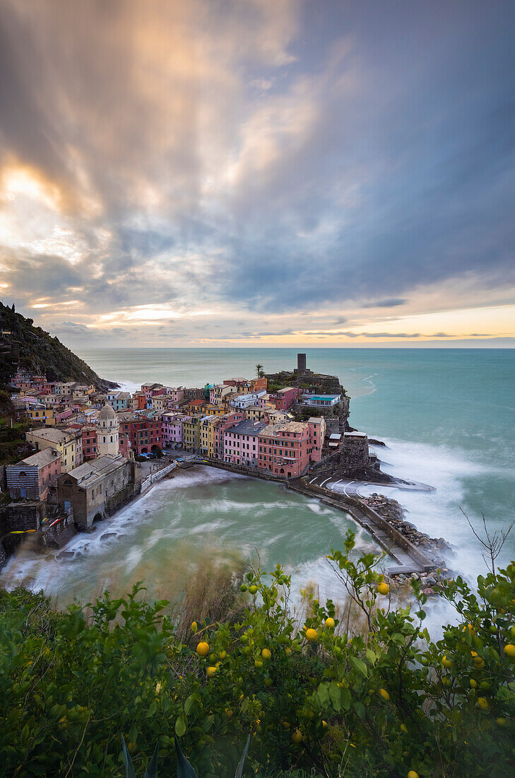 Sunrise over the sea village of Vernazza, Cinque Terre national park, province of La Spezia, Liguria, Italy.