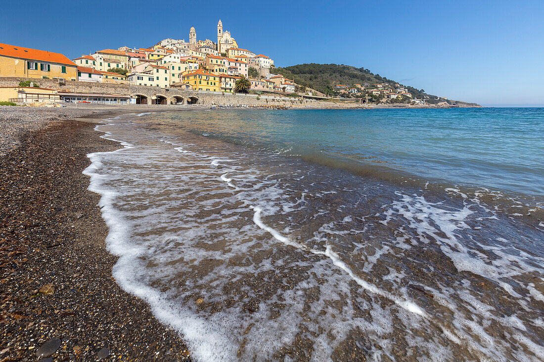 View of the colorful town and beach of Cervo. Cervo, Imperia province, Ponente Riviera, Liguria, Italy, Europe.