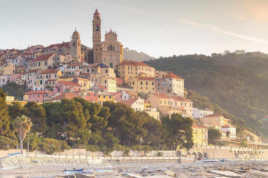 View of the colorful town and beach of Cervo at sunrise. Cervo, Imperia province, Ponente Riviera, Liguria, Italy, Europe.