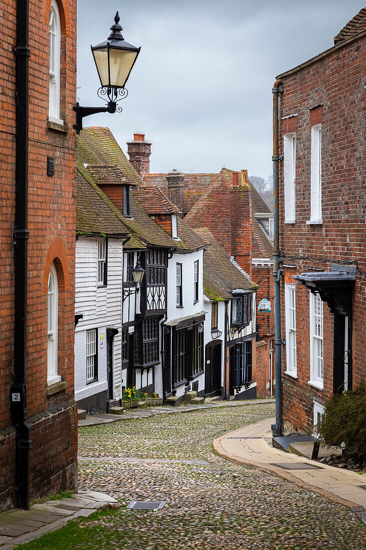 View of the old streets of the village of Rye, East Sussex, southern England, United Kingdom.