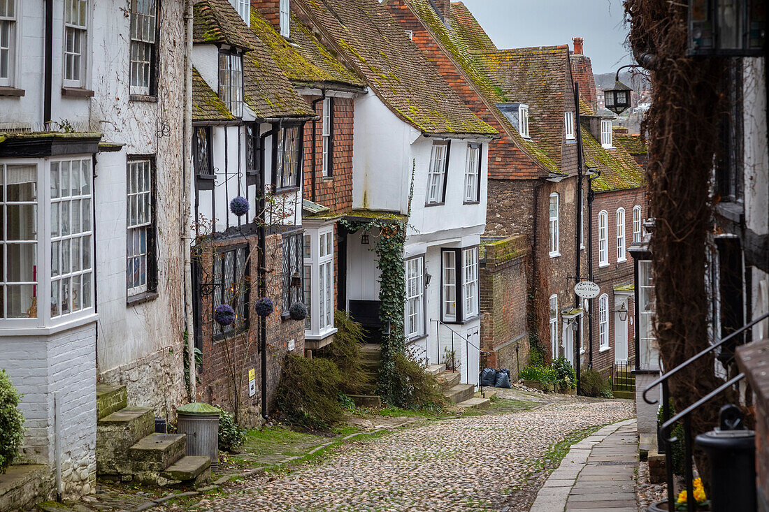 View of the old streets of the village of Rye, East Sussex, southern England, United Kingdom.