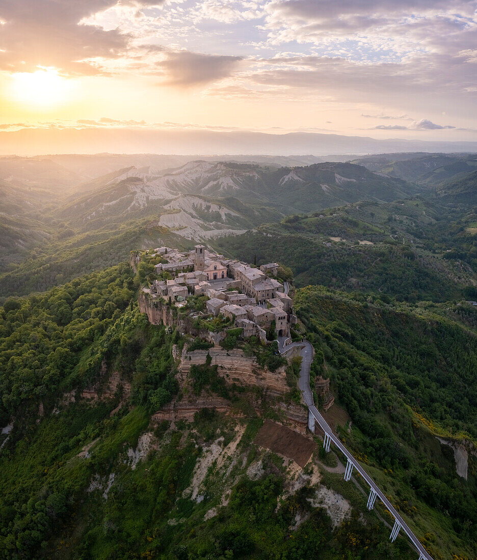 Aerial view of Civita di Bagnoregio at sunrise, Viterbo district, Lazio, Italy, Europe.