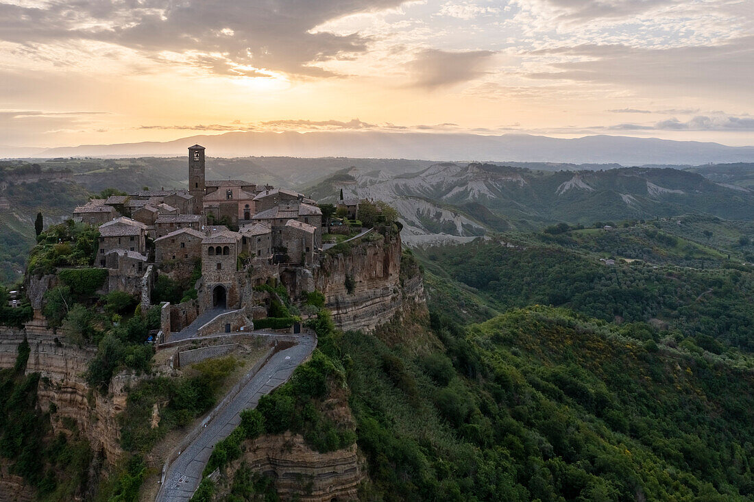 Aerial view of Civita di Bagnoregio at sunrise, Viterbo district, Lazio, Italy, Europe.