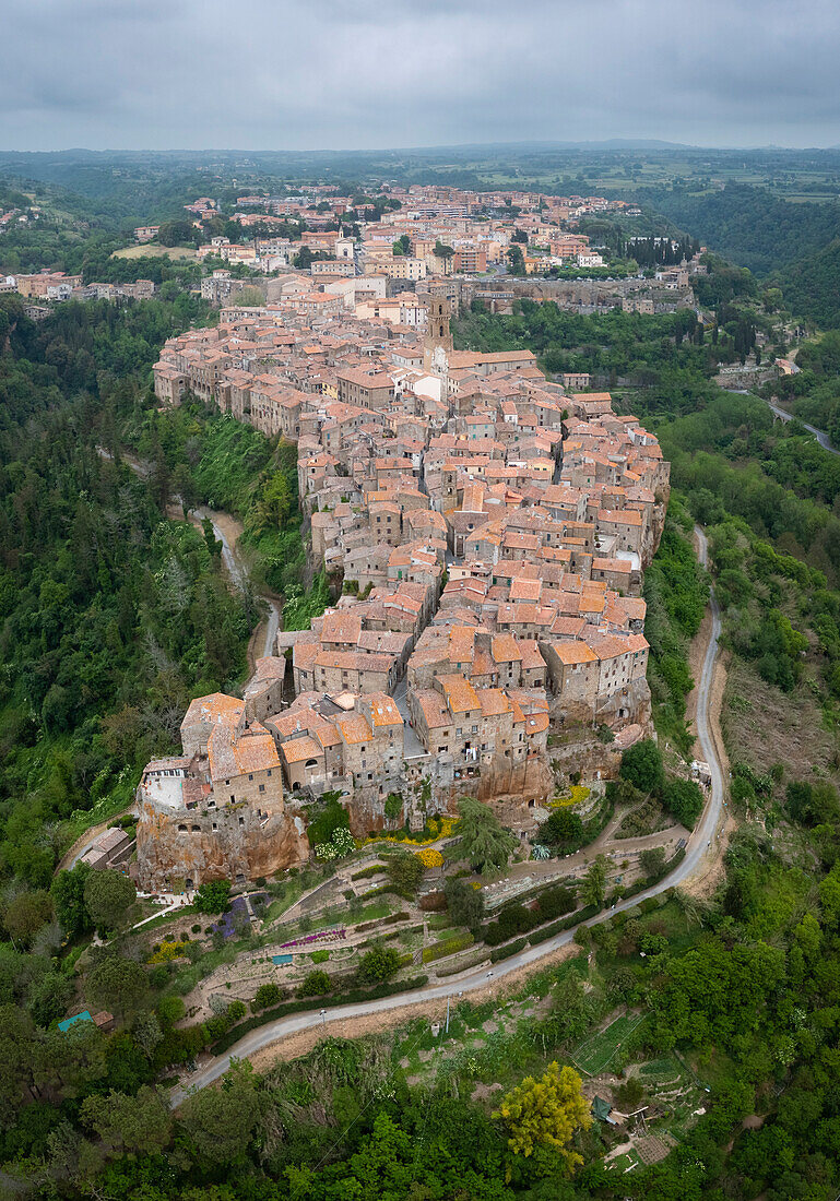 Aerial view of the old town of Pitigliano, called "the little Jerusalem". Grosseto district, Tuscany, Italy, Europe.