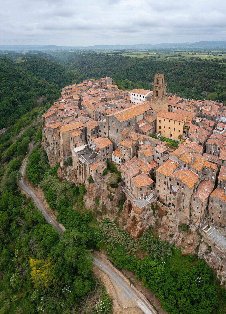 Aerial view of the old town of Pitigliano, called "the little Jerusalem". Grosseto district, Tuscany, Italy, Europe.