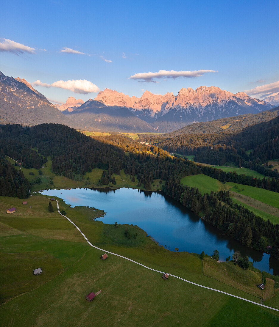 Aerial view of Geroldsee at sunset during summer, Gerold, Krun, Landkreis, Garmish Partenkirchen, Oberbayern, Germany, Deutschland, Western europe