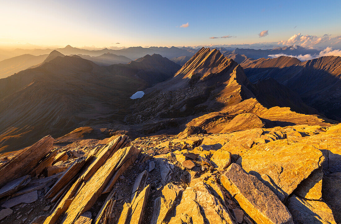 Elevated view from Pain de Sucre of Crete de la Taillante at sunset during summer, Pain de Sucre, Col Agnel, Alpi Cozie, Cuneo, Provance, Piedmont, France, Italy, Southern Europe