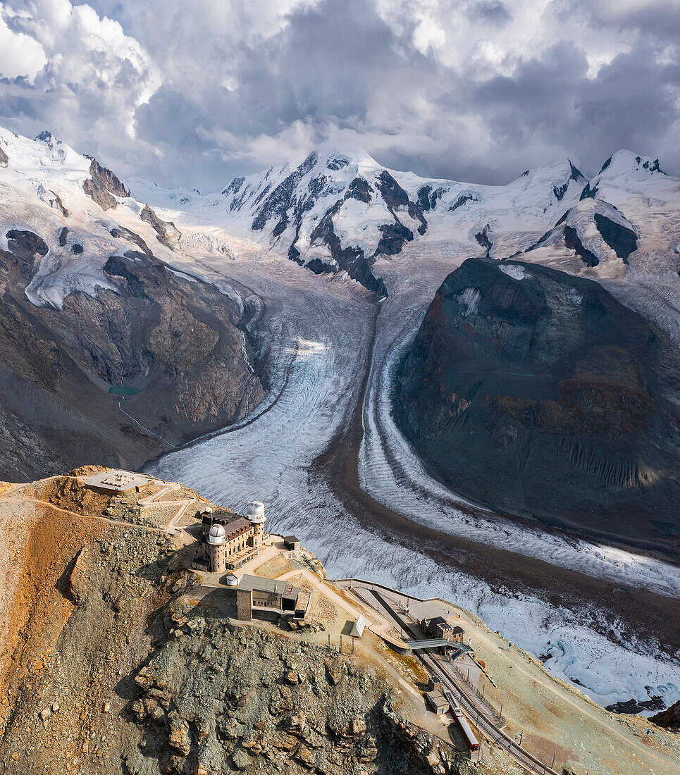 Aerial view of Gornergrat glacier and its Kulmhotel during summer, Zermatt, Canton of Valais, Visp, Switzerland, Western Europe