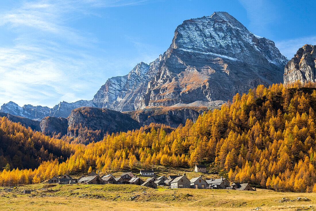 Herbstlicher Blick auf das kleine Bergdorf Cianciavero und den Monte Leone im Hintergrund. Alpe Veglia, Val Cairasca-Tal, Divedro-Tal, Ossola-Tal, Varzo, Piemont, Italien.