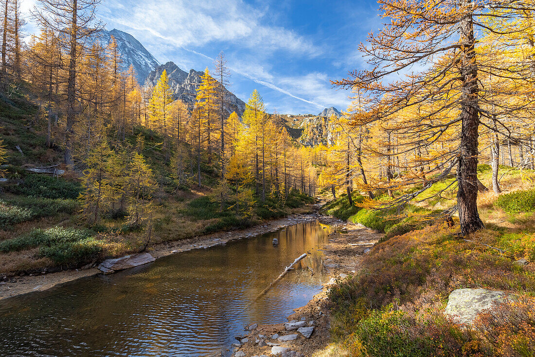 Herbstlicher Blick auf die Farben und Spiegelungen am Lago delle Streghe. Alpe Veglia, Cairasca-Tal, Divedro-Tal, Ossola-Tal, Varzo, Piemont, Italien.