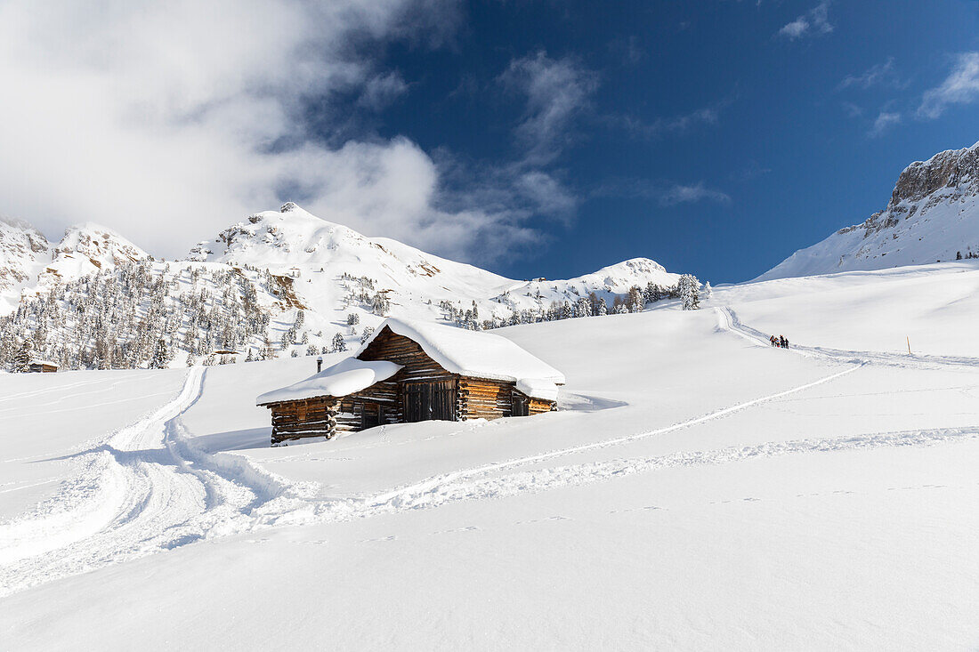 winter landscape in Villnöss with an alpine hut and the Zendleserkofel (Col di Poma) in the background, Bolzano province, South Tyrol, Trentino Alto Adige, Italy,