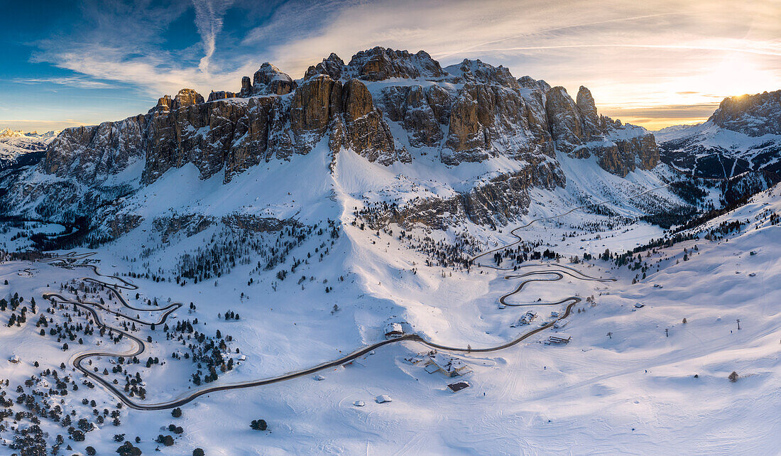 Aerial view of Gardena Pass, Dolomites, South Tyrol, Bolzano Province, Italy, Europe