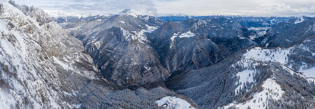 Panoramic aerial view of the Presolana Pass and Scalve valley after a winter snowfall. Presolana pass, Colere, Seriana Valley, Bergamo province, Lombardy, Italy.