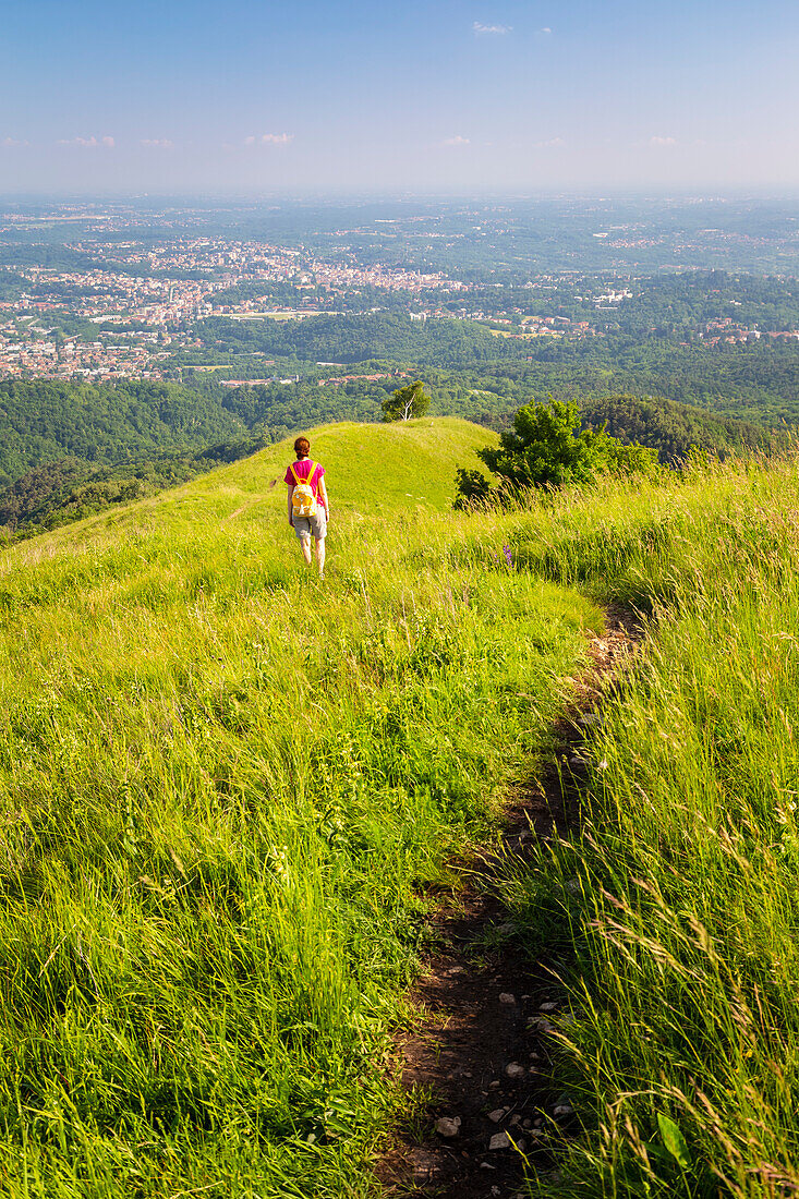 Blick auf den Pfad, der zum Monte Chiusarella führt, varesinische Voralpen, Parco Regionale del Campo dei Fiori, Bezirk Varese, Lombardei, Italien.