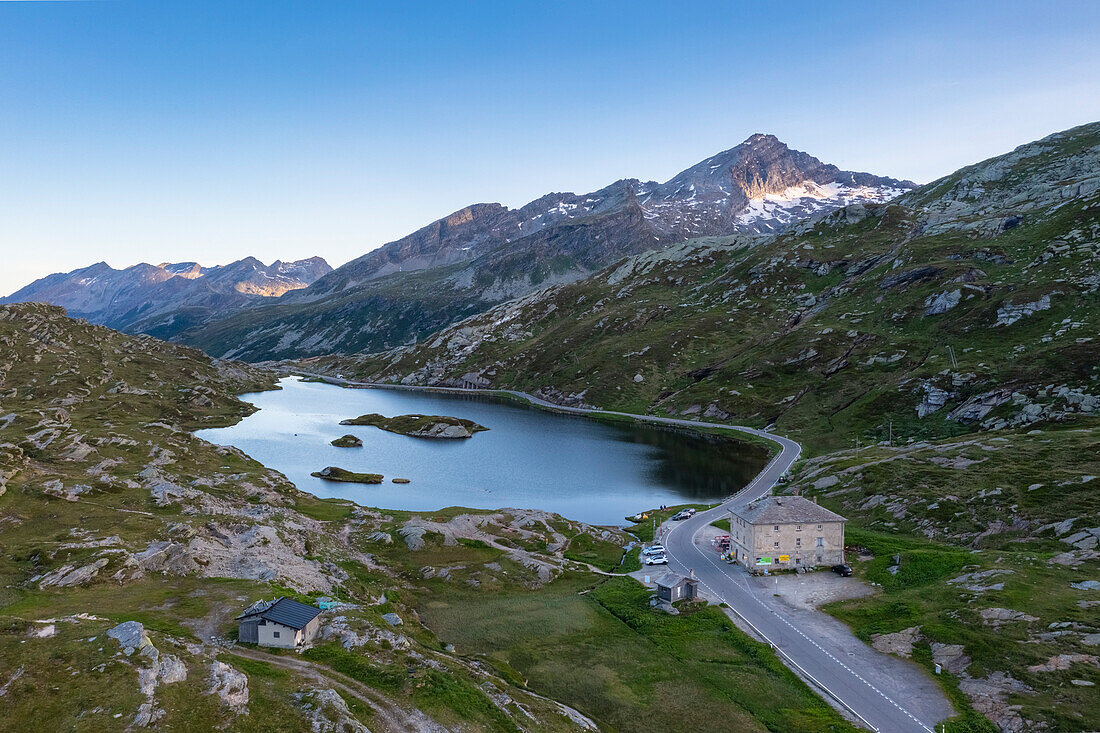 Aerial view of the laghetto Moesola in San Bernardino pass at sunset. Graubünden, Moesa district, Switzerland, Europe.