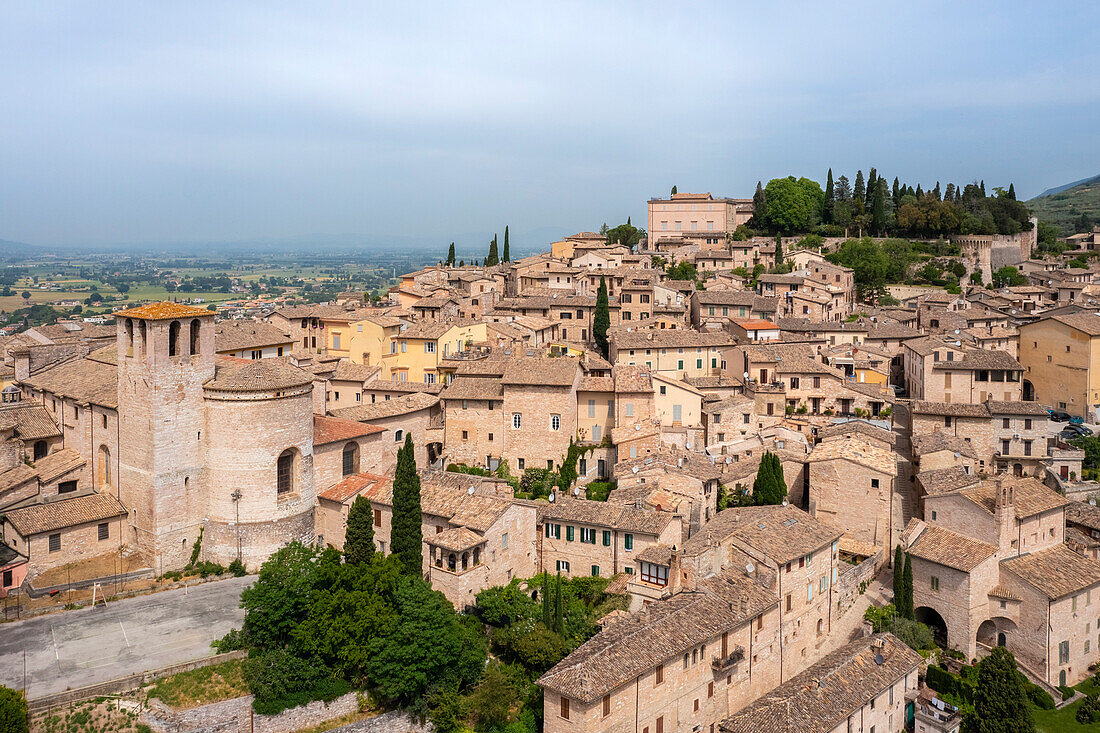 Aerial view of the town of Spello in spring. Spello, Perugia district, Umbria, Italy, Europe.