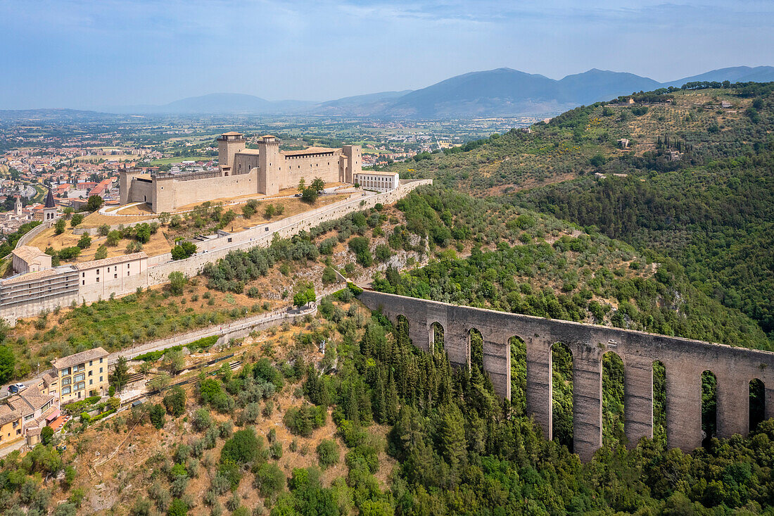 Aerial view of the Rocca Albornoziana fortress and the aqueduct of Spoleto. Spoleto, Perugia district, Umbria, Italy, Europe.