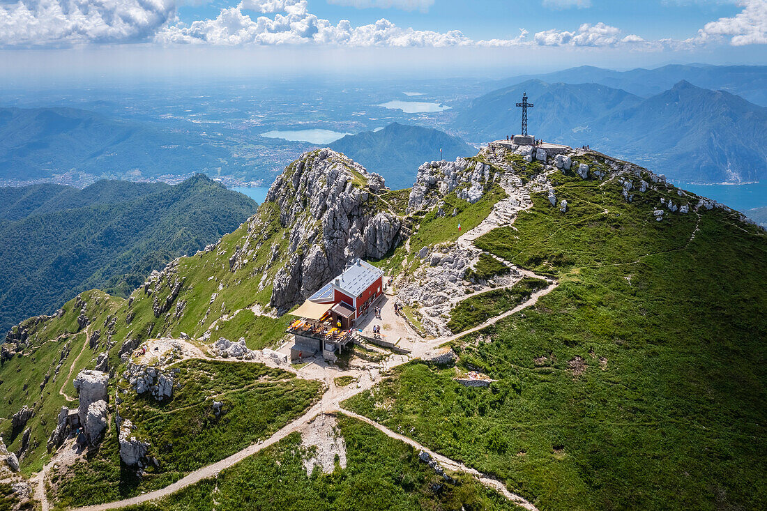 Aerial view of the top of Monte Resegone and Rifugio Azzoni. Lecco, Lombardy, Italy, Europe.