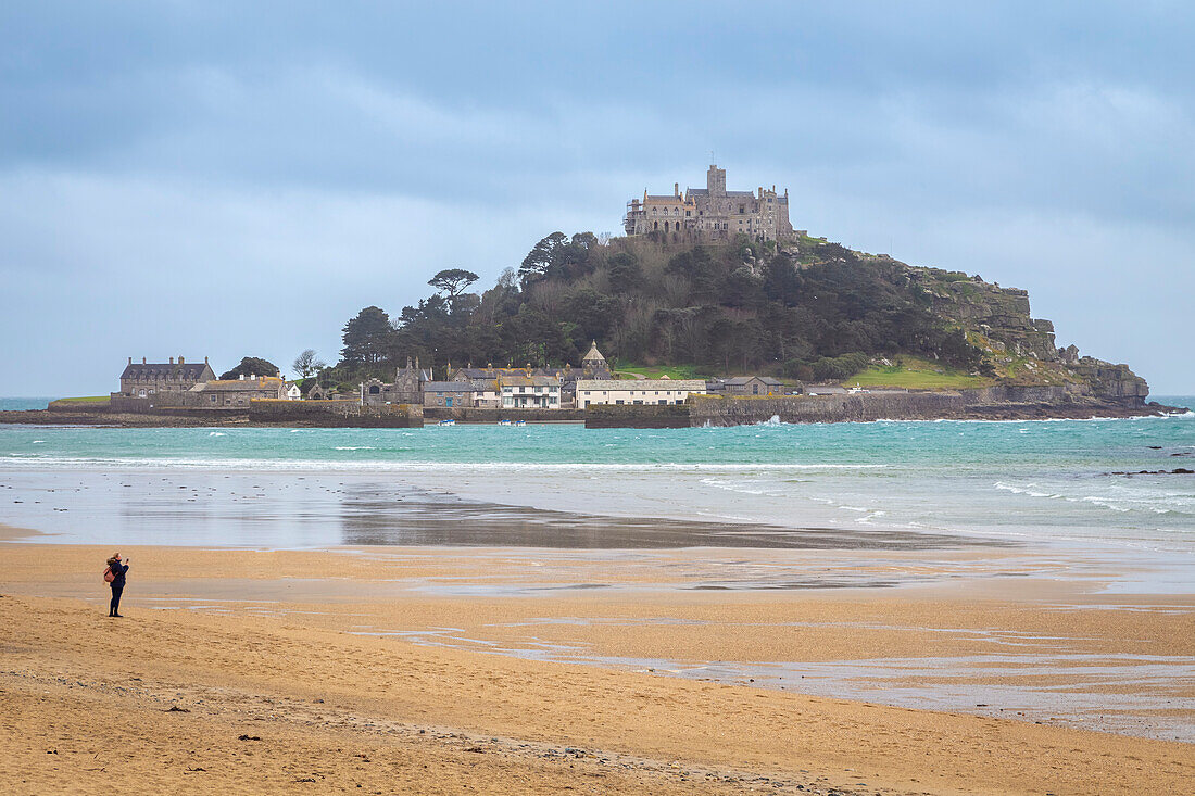 View of the tidal island of St Michael's Mount. Mount's Bay, Cornwall, England, United Kingdom.