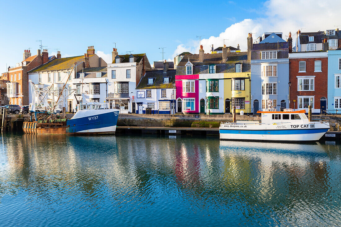 Morgendliche Ansicht des Hafens von Weymouth. Weymouth, Jurassic coast, Dorset, England, Vereinigtes Königreich.