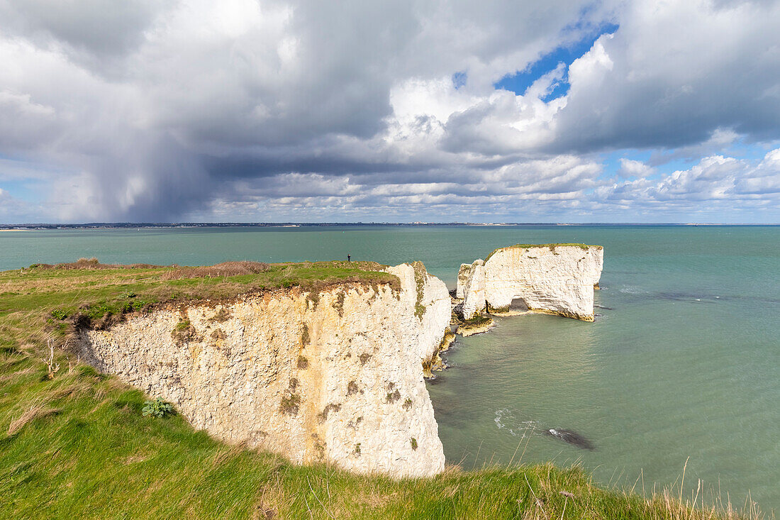View of the Old Harry Rocks, chalky formations near Handfast Point, on the Isle of Purbeck in Dorset, Jurassic Coast, southern England.