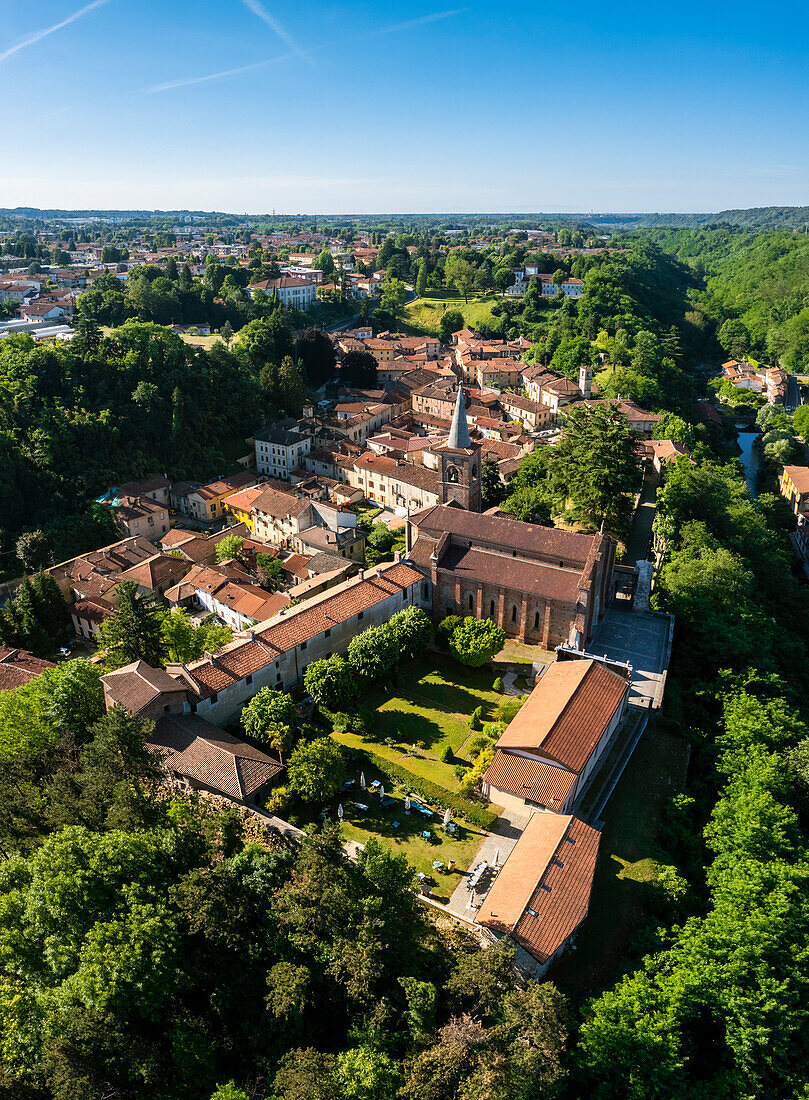 Aerial View of the medieval church called Collegiata of Castiglione Olona, Varese Province, Lombardy, Italy.