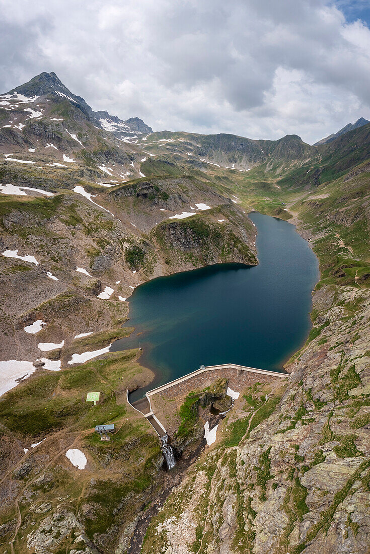 Aerial view of the Aviasco lake during summer time. Valgoglio, Val Seriana, Bergamo district, Lombardy, Italy, Southern Europe.