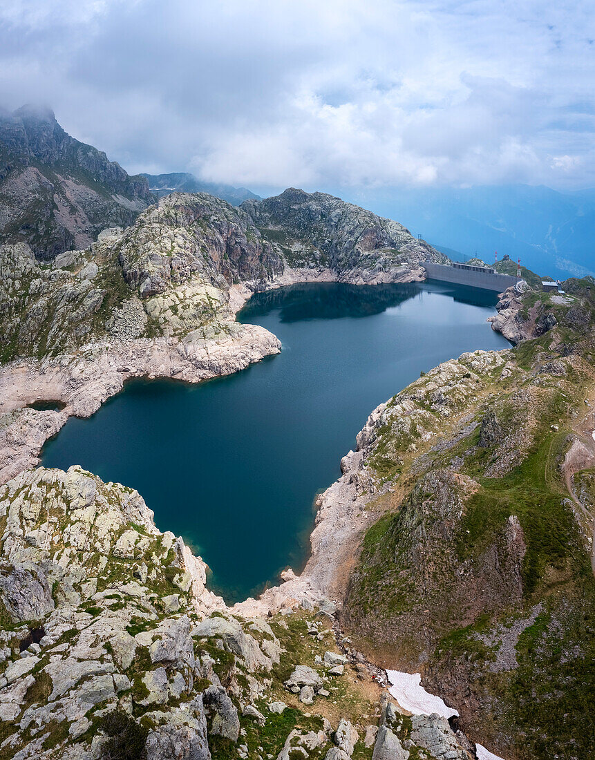 Aerial view of the Lago Nero during summer time. Valgoglio, Val Seriana, Bergamo district, Lombardy, Italy, Southern Europe.