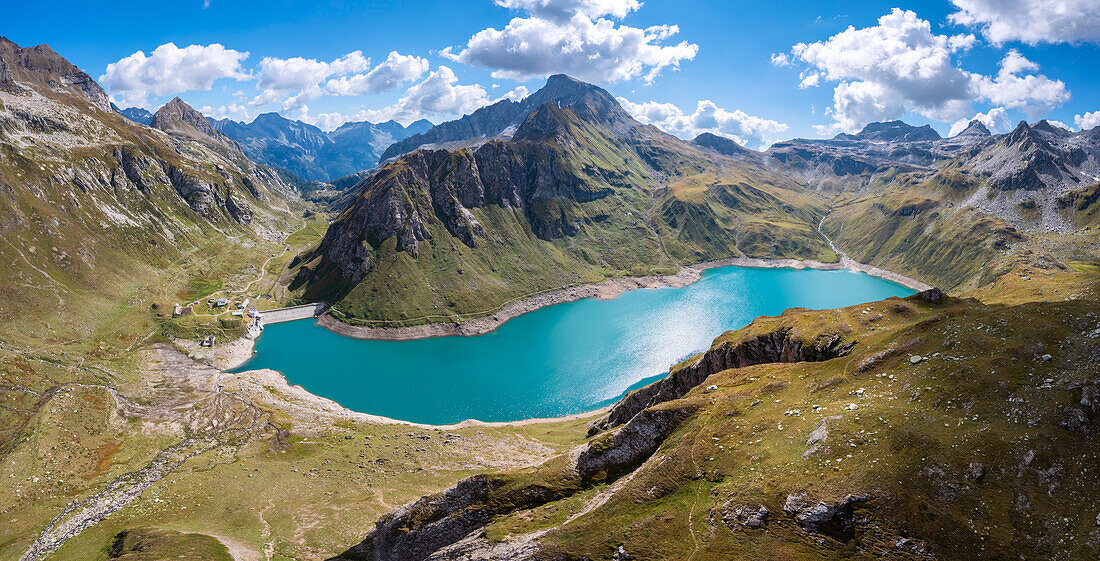 View of the Vannino lake and dam with Rifugio Margaroli. Formazza, Valle Formazza, Verbano Cusio Ossola, Piedmont, Italy.