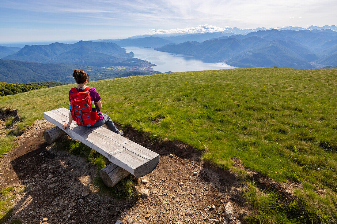 View of Lake Maggiore and piedmont mountains from the top of Monte Lema. Varese district, Lombardy, Italy.
