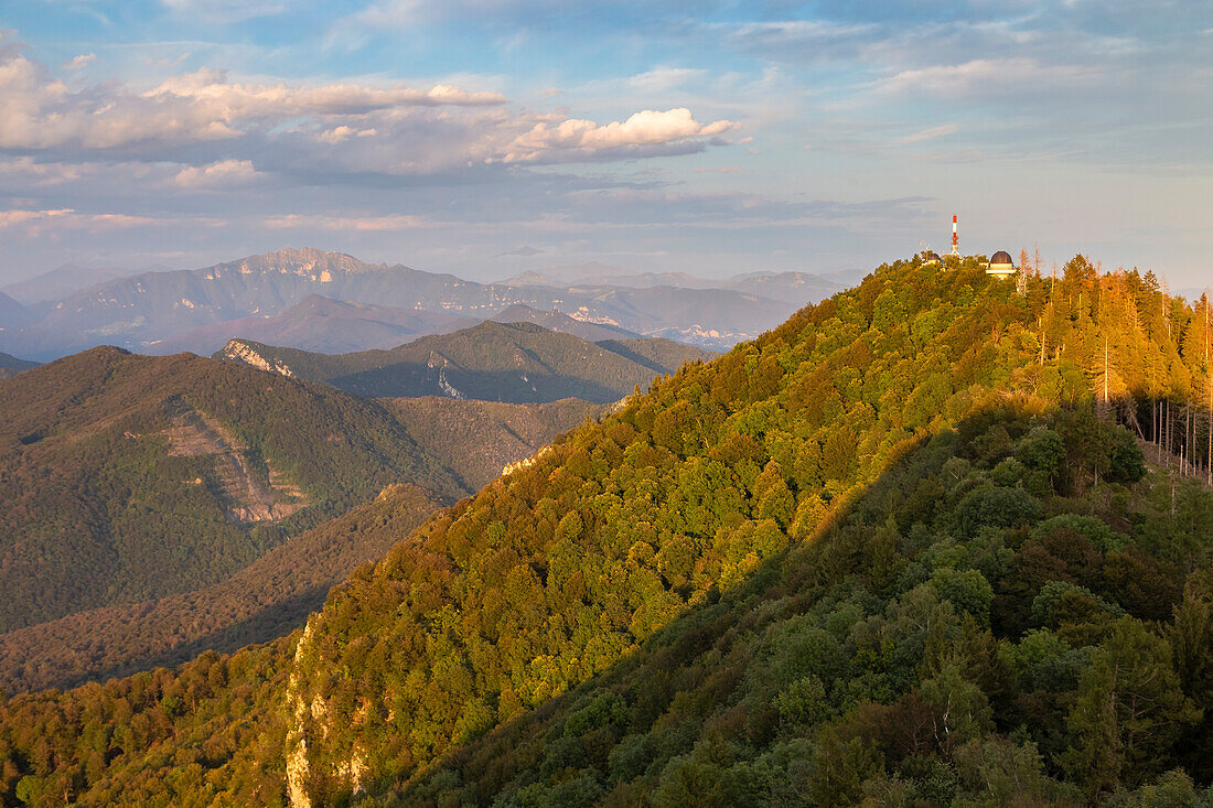 View of the mountains surrounding Campo dei Fiori from the viewpoint of Punta di Mezzo at sunset. Campo dei Fiori, Varese, Parco Campo dei Fiori, Lombardy, Italy.