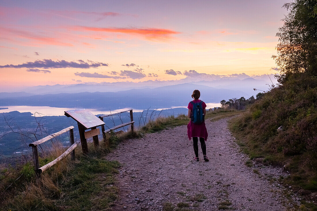 View of the trail to the viewpoint called Forte di Orino, a part of Linea Cadorna and Lake Maggiore. Campo dei Fiori, Varese, Parco Campo dei Fiori, Lombardy, Italy.