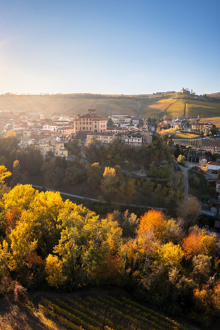 Aerial view of the typical town of Barolo and its castle Castello Falletti. Barolo, Barolo wine region, Langhe, Piedmont, Italy, Europe.
