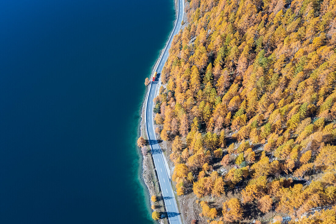 Luftaufnahme des Silsersees und seiner Uferstraße im Herbst. Sils im Engadin/Segl, Engadin, Schweiz, Kanton Graubünden.
