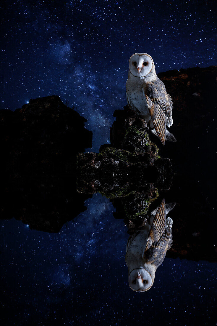 Barn owl (Tyto alba) in starry night, Salamanca, Castilla y Leon, Spain