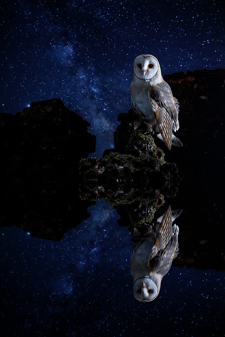 Schleiereule (Tyto alba) in sternenklarer Nacht, Salamanca, Kastilien und Leon, Spanien