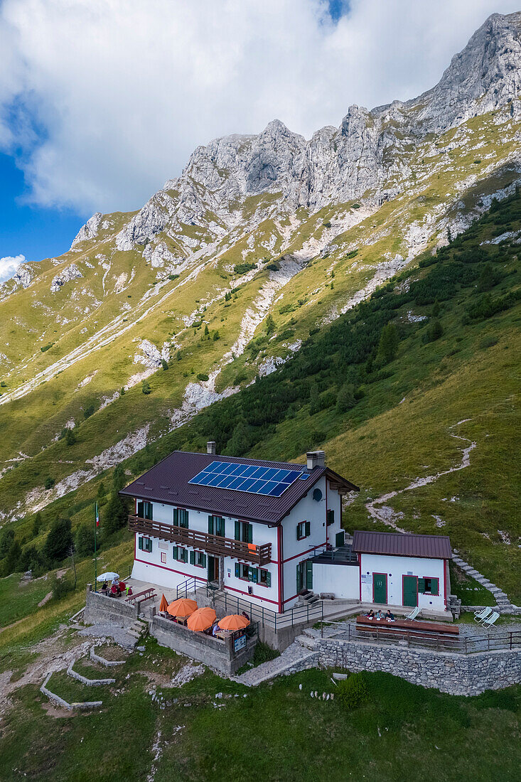 Aerial view of the Rifugio Bietti Buzzi and Grigna Settentrionale. Mandello del Lario, Lecco district, Lombardy, Italy, Europe.