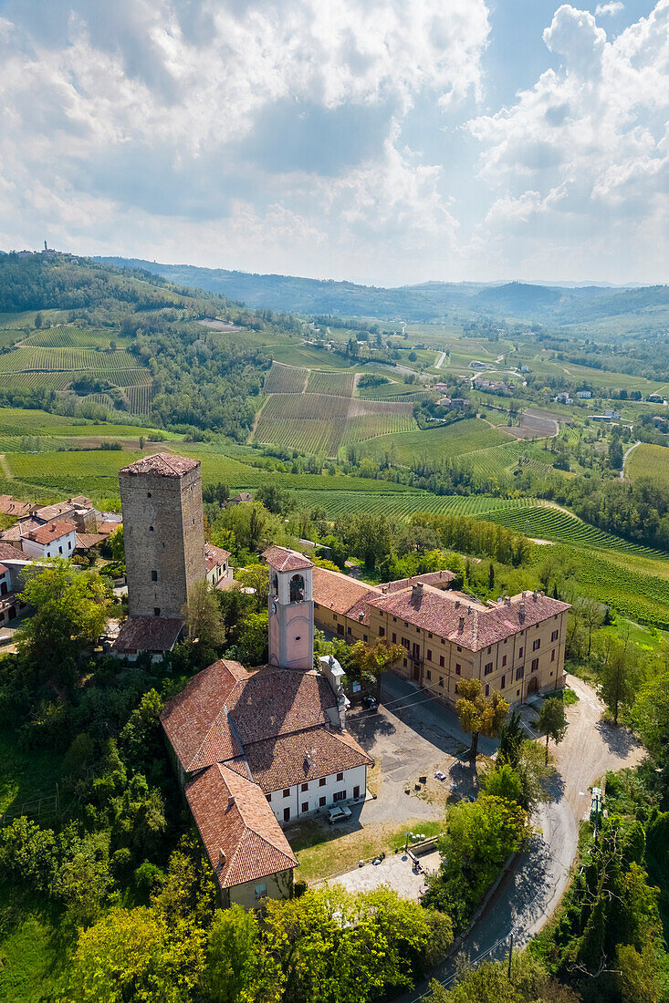 Aerial view of the Soriasco tower in Santa Maria della Versa. Cigognola, Oltrepo Pavese, Pavia district, Lombardy, Italy.