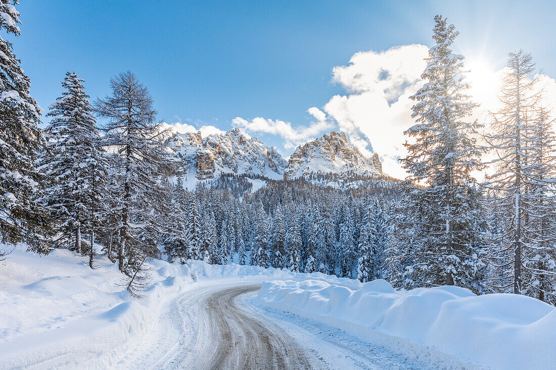 Verschneite Straße bei Misurina, im Hintergrund die Cadini di Misurina. Auronzo di Cadore, belluno, venetien, italien